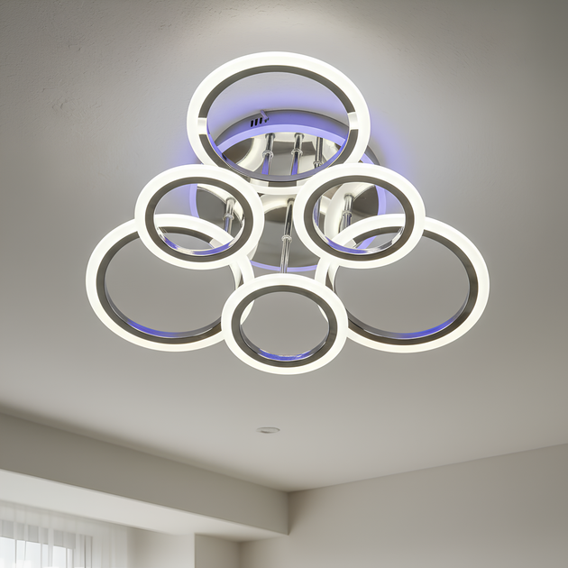 Потолочная хромовая LED люстра на пульте 90W+18W с акриловыми кольцами и LED-подсветкой 3000–6500K Svet SY-26255/3+3C CR - Фото 4 Потолочная хромовая LED люстра на пульте 90W+18W с акриловыми кольцами и LED-подсветкой 3000–6500K Svet SY-26255/3+3C CR - изображение 4