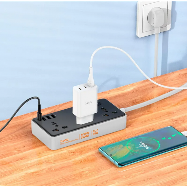 Сетевое зарядное устройство Удлинитель с USB HOCO AC8A 3x220VEU+3хUSBх18W +Type-Cх3A/30W PD/QC 1,5 м Чёрный с белым - изображение 4