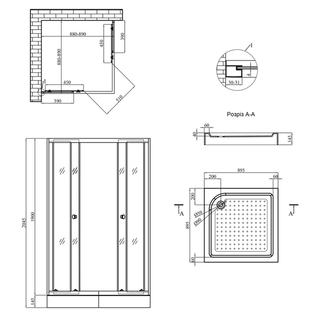 Душова кабіна Kroner KRP Eifel 90×90×204.5 см, квадратна, скло з малюнком, з низьким піддоном - изображение 2