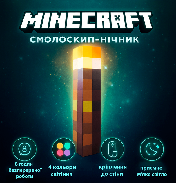 Minecraft 3.0 Факел-ночник 28см LED светильник на аккумуляторе/4 режима, крепление к стене 5214 - изображение 4