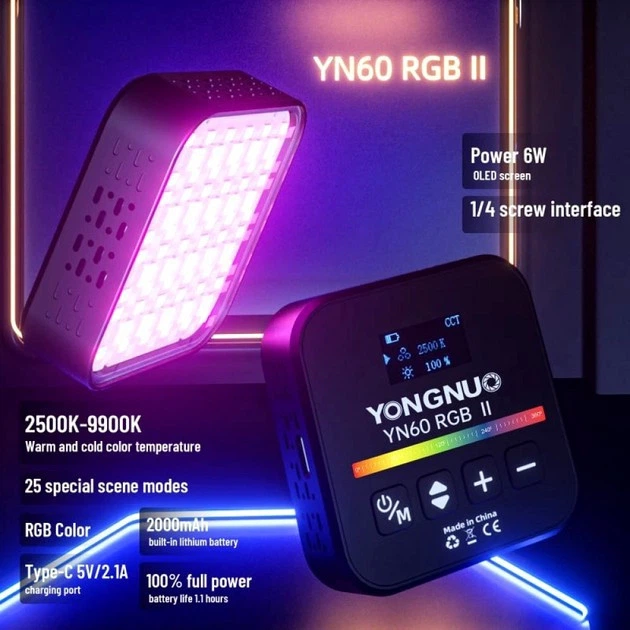 Накамерный видеосвет LED RGB YN60 RGB II для фото и видео съемки с регулировкой 2500K-9900K яркий компактный - Фото 5 Накамерный видеосвет LED RGB YN60 RGB II для фото и видео съемки с регулировкой 2500K-9900K яркий компактный - изображение 5