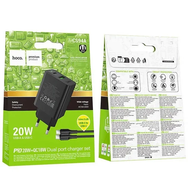СЗУ Hoco CS94A Leader PD20W+QC3.0 charger set(C to C)(EU) Black - изображение 2