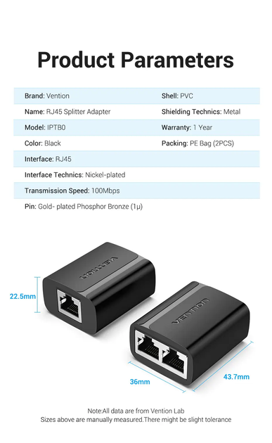 Сетевой сплиттер разветвитель RJ45 Vention 100 Мбит/с Black 2 шт (IPTB0) - изображение 2