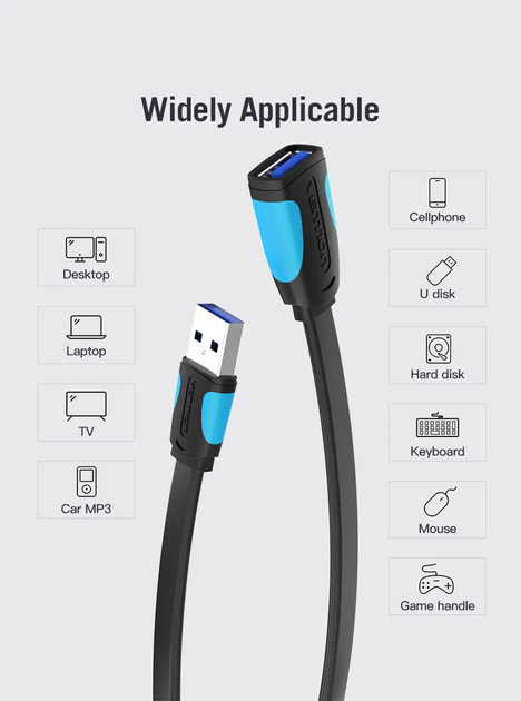 USB кабель-удлинитель Vention USB 3.0 Male to USB Female 5 Гбит/с 0.5 м Black (VAS-A13-B050) - изображение 3