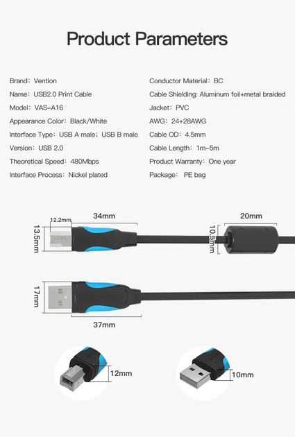 Кабель Vention USB type А 2.0 — USB type B для принтерів, БФП 2.0 480 Мбіт/с 2 A 1 м Black (VAS-A16-B100) - зображення 8