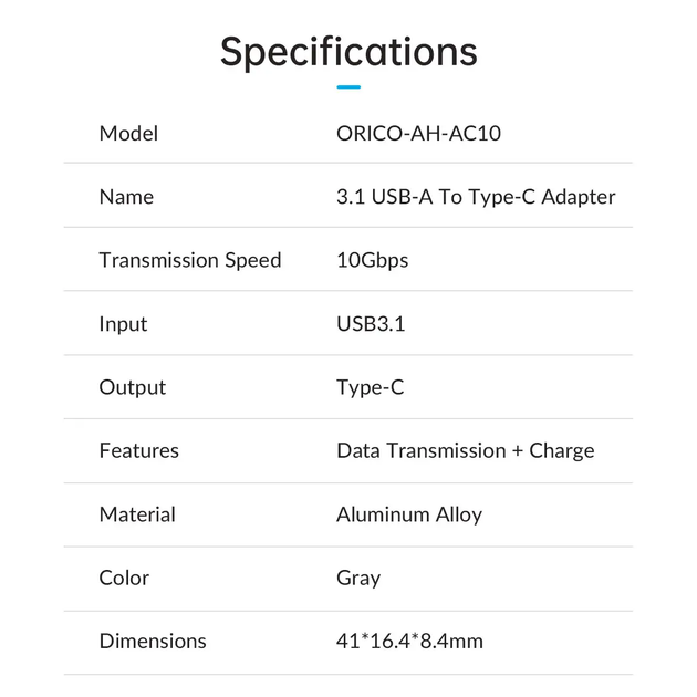 Адаптер перехідник Orico USB A to Type-C 10 Гбіт/с Gray (ORICO-AH-AC10-GY-BP) - зображення 3