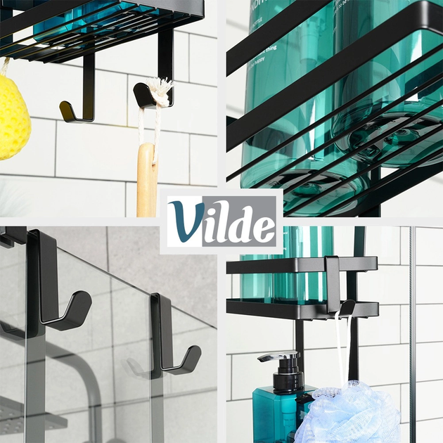 Металлическая полка для душа подвесная 23x10,5x75 см 2 секции + крючки Vilde 567015 черная - Фото 3 Металлическая полка для душа подвесная 23x10,5x75 см 2 секции + крючки Vilde 567015 черная - изображение 3