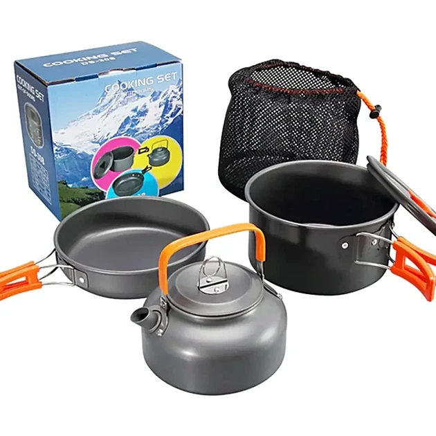 Походный набор посуды кастрюля чайник сковорода для туризма Cooking Set DS-308 - Фото 1 Походный набор посуды кастрюля чайник сковорода для туризма Cooking Set DS-308 - изображение 1