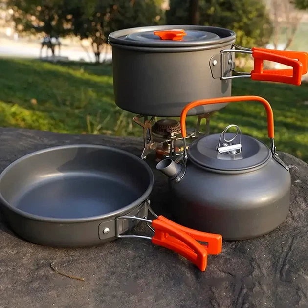 Походный набор посуды кастрюля чайник сковорода для туризма Cooking Set DS-308 - Фото 8 Походный набор посуды кастрюля чайник сковорода для туризма Cooking Set DS-308 - изображение 8
