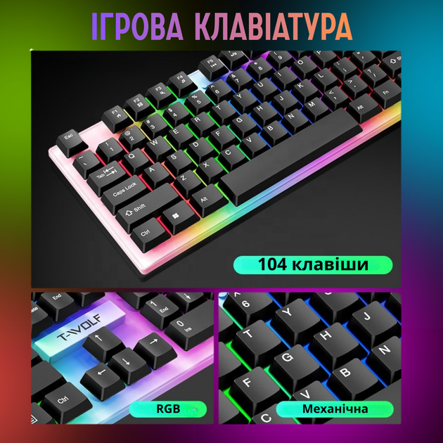 Геймерский комплект 4в1: клавиатура,мышь,гарнитура, коврик, TF240 игровой, комбо сет, проводной с RGB-подсветкой TF240 - Фото 3 Геймерский комплект 4в1: клавиатура,мышь,гарнитура, коврик, TF240 игровой, комбо сет, проводной с RGB-подсветкой TF240 - изображение 3