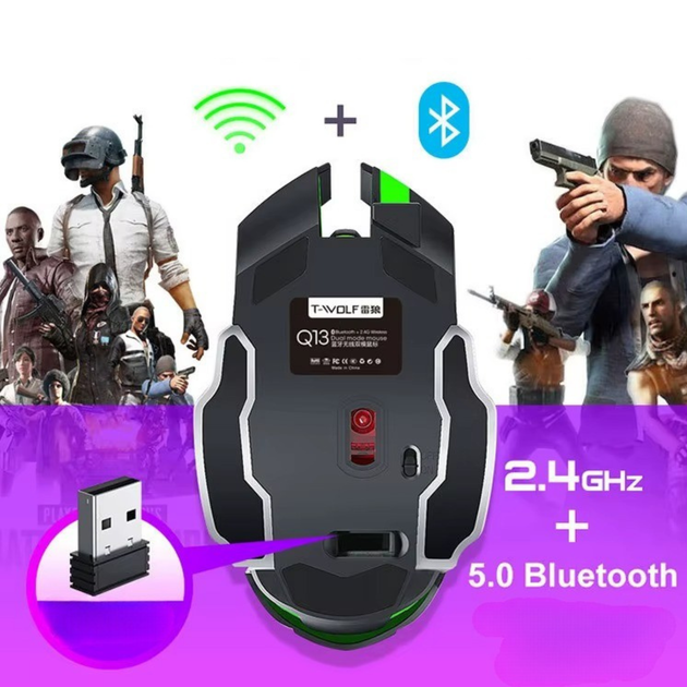 Бездротова ігрова миша, безшумна, оптична 2.4G+Bluetooth-під'єднанням з RGB-підсвіткою DPI 800/1000/1200 чорна Q13B - зображення 7