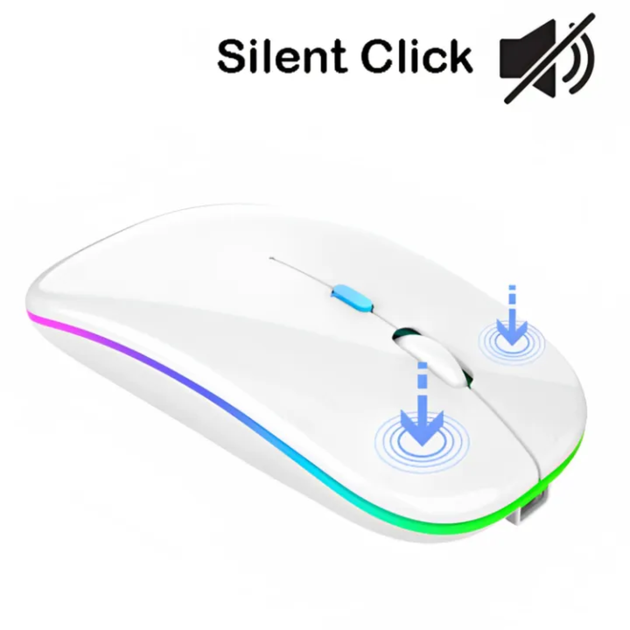 Безпроводная компьюторная мышь, безшумная, оптическая 2.4G+Bluetooth подключением c RGB-подсветкой DPI 800/1000/1200 белая X1_white - изображение 5