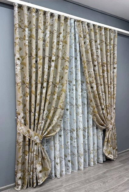 Комплект штор VR-Textil Лен Прованс 100х265 2шт и Тюль 400х265 1819ш-1908т Капучино с белым 71-107/2 - изображение 2
