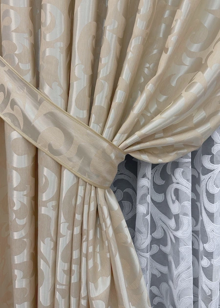 Комплект штор VR-Textil Жакард Вензель 100х270 2шт і Тюль 300х270 416ш-1147т Бежевий з білим 71-100/1 - Фото 4 Комплект штор VR-Textil Жакард Вензель 100х270 2шт і Тюль 300х270 416ш-1147т Бежевий з білим 71-100/1 - зображення 4