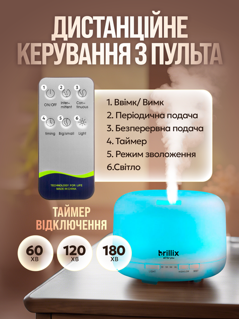Увлажнитель воздуха Brillix AromaGlow 480X ультразвуковой ночник аромадиффузор для дома ароматический дифузор 480 мл с led подсветкой на 6 цветов и пультом аромадиффузоры увлажнители арома диффузоры - изображение 9