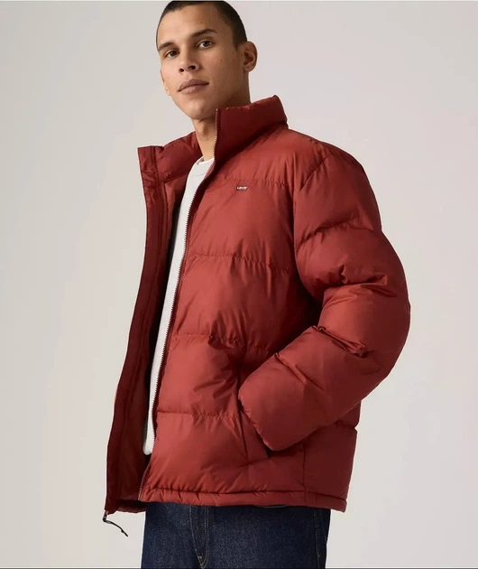 Чоловіча пухова куртка Levi's без капюшона XL червоно-коричнева - зображення 2