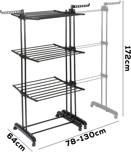 Suszarka na pranie Vilde metalowa czarna pionowa rozsuwana XXL 78 - 130 x 64 x 172 cm (5904316496760) - obraz 5