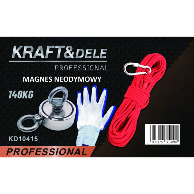 Неодимовий підіймальний магніт пошуковий для металу до 140 кг Kraft&Dele KD10415 з карабіном мотузкою та рукавичками потужний односторонній магніт для підйому пошуку металобрухту інструмент для риболовлі з магнітом - зображення 7