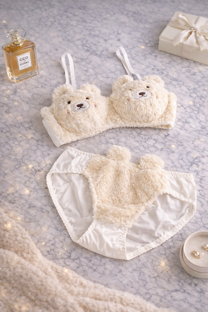 Пушистый Женский плюшевый комплект белья Teddy Bear Cream — бюстгальтер и трусики Размер S - изображение 2