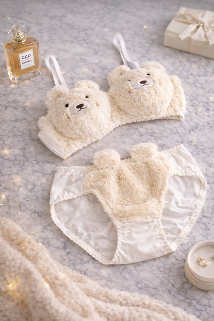 Пухнастий Жіночий плюшевий комплект білизни Teddy Bear Cream — бюстгальтер і трусики Розмір L - Фото 4 Пухнастий Жіночий плюшевий комплект білизни Teddy Bear Cream — бюстгальтер і трусики Розмір L - зображення 4