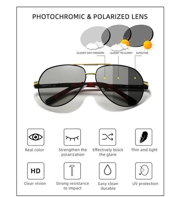 Солнцезащитные очки Авиатор с фотохромными линзами N/K725F KINGSEVEN Gold Photochormic - изображение 7