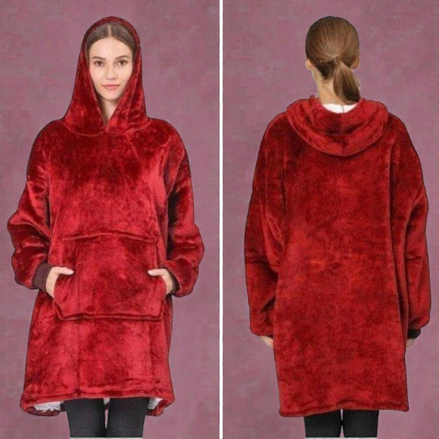 Плед-толстовка Huggle Hoodie Бордовый теплый плед-халат с капюшоном и рукавами - изображение 4