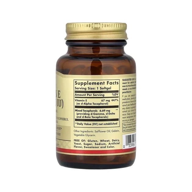 Витамин Е "Vitamin E" 100 МЕ/67 мг, Solgar, 100 капсул - изображение 2