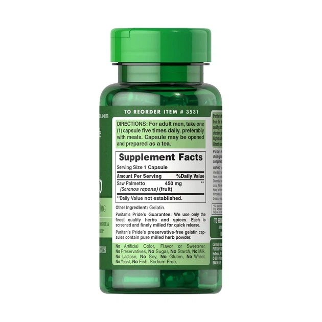 Со Пальметто Saw Palmetto 450 мг Puritan's Pride 100 капсул - изображение 2