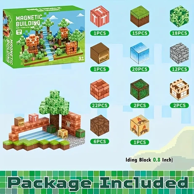 Магнітний конструктор Minecraft Magnetic World «Ліс та Водоспад», 100 деталей - Фото 3 Магнітний конструктор Minecraft Magnetic World «Ліс та Водоспад», 100 деталей - зображення 3