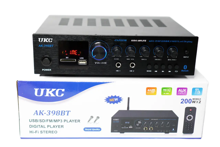 Усилитель звука UKC AK-398BT Bluetooth+FM+SD+USB Караоке 2-канальный 200W Black (3_07855) - изображение 5