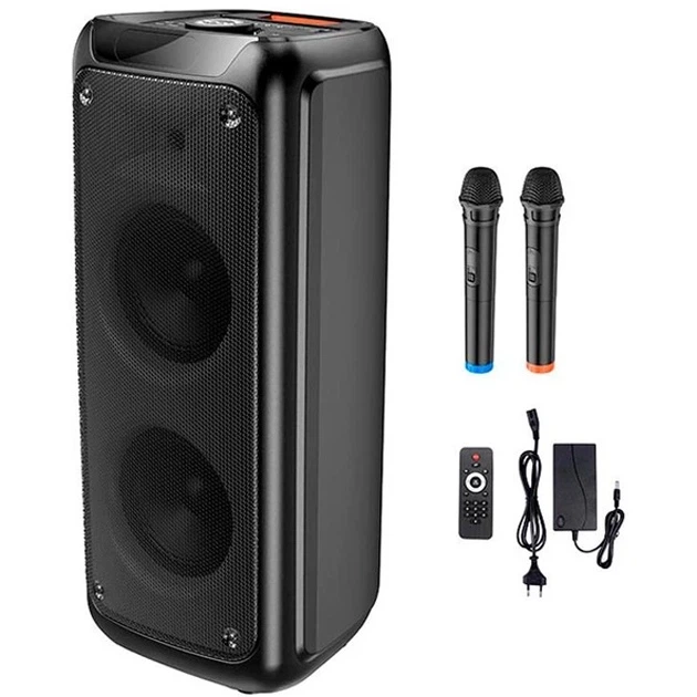Колонка Bluetooth HOCO DS53 BT5.0, TWS, AUX/USB/TF/FM, 120W RGB підсвічування мікрофони для караоке + пульт Чорний - Фото 6 Колонка Bluetooth HOCO DS53 BT5.0, TWS, AUX/USB/TF/FM, 120W RGB підсвічування мікрофони для караоке + пульт Чорний - зображення 6