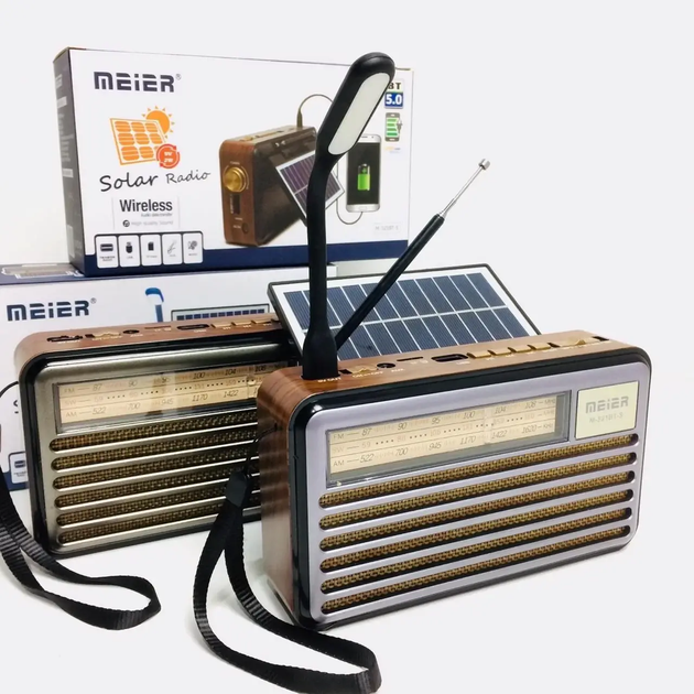 Акумуляторний Bluetooth радіоприймач M-521BTS з сонячною панеллю, USB, AUX, TF-картою, FM/AM/SW, 5 Вт, ретро дизайн під дерево - Фото 6 Акумуляторний Bluetooth радіоприймач M-521BTS з сонячною панеллю, USB, AUX, TF-картою, FM/AM/SW, 5 Вт, ретро дизайн під дерево - изображение 6