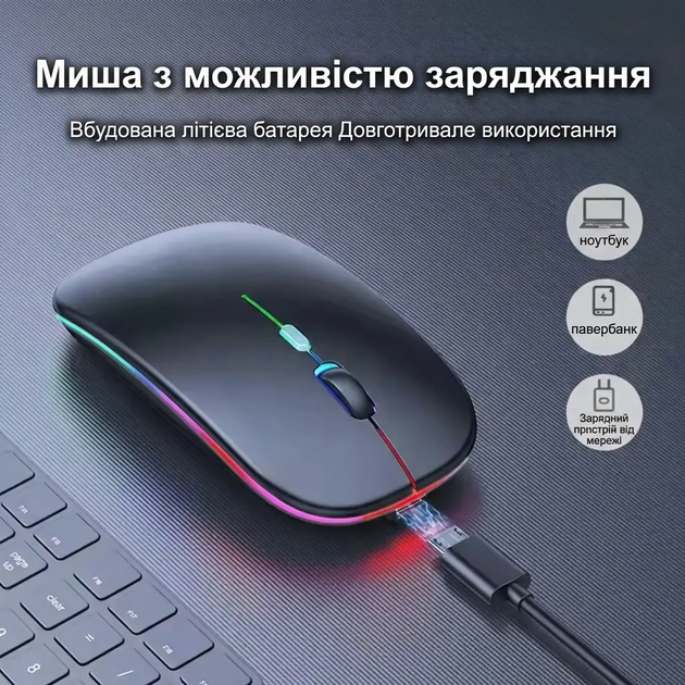 Беспроводная мышка 2в1 Bluetooth+USB 2.4G с RGB подсветкой и аккумулятором 300 mAh (тихий клик, 1600 DPI), черная - изображение 2