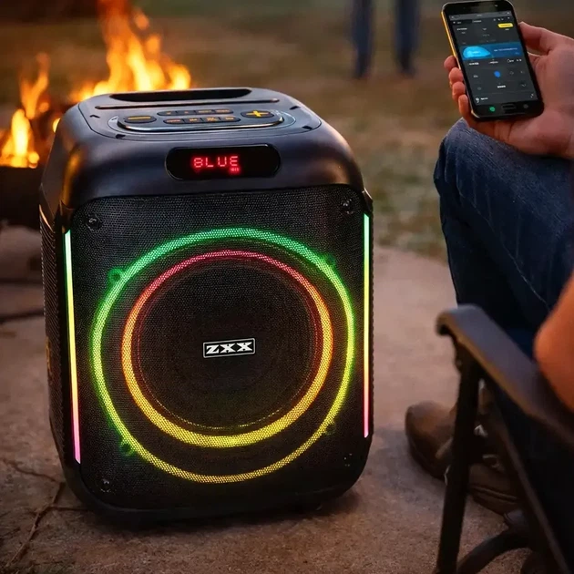 Портативна акустична колонка 800Вт із мікрофоном Bluetooth акумуляторна з підсвіткою для караоке ZXX-5502 чорна - Фото 4 Портативна акустична колонка 800Вт із мікрофоном Bluetooth акумуляторна з підсвіткою для караоке ZXX-5502 чорна - зображення 4