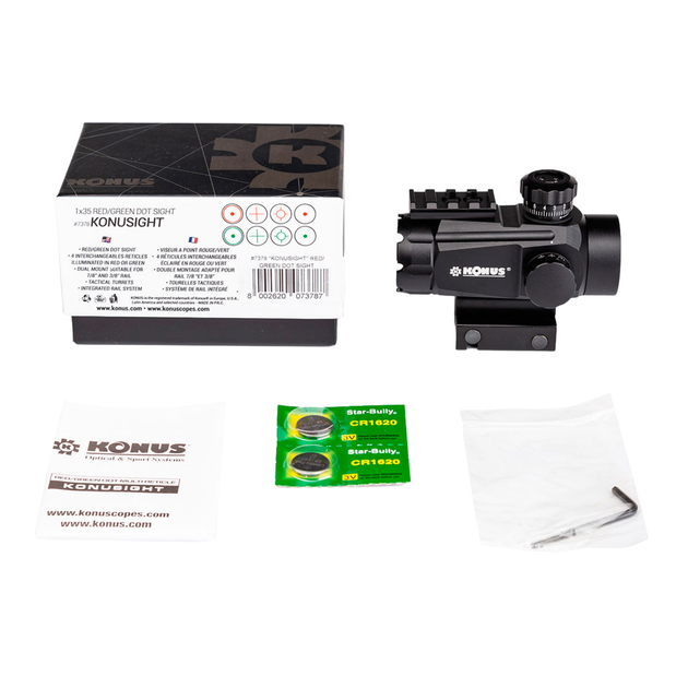 Приціл коліматорний KONUS KONUSIGHT (Італія) 1x35 (4МОА), 4 змінні прицільні сітки, повний комплект 241935 - Фото 6 Приціл коліматорний KONUS KONUSIGHT (Італія) 1x35 (4МОА), 4 змінні прицільні сітки, повний комплект 241935 - зображення 6