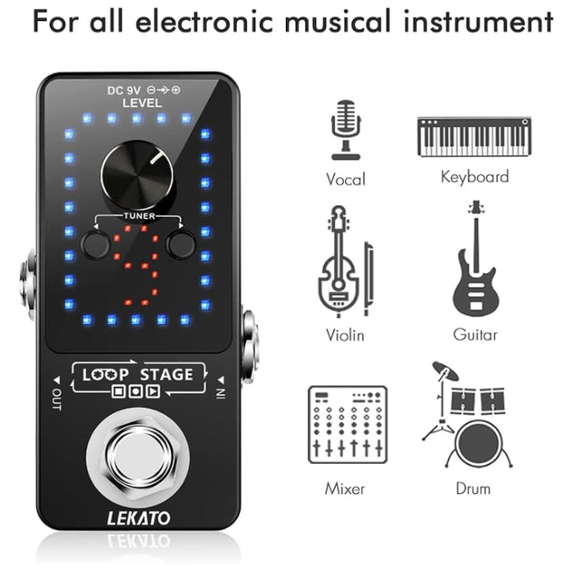 Педаль лупер LEKATO для электрогитары и баса, loop pedal с тюнером, 9 перхоти, запись до 40 минут - изображение 7
