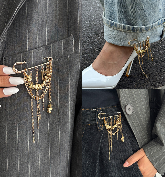 Брошь-булавка Fashion Jewerly многофункциональная с цепочками Y2K брошь-фиксатор для декора одежды, джинсов, сумок, золотистая (SVS) - Фото 4 Брошь-булавка Fashion Jewerly многофункциональная с цепочками Y2K брошь-фиксатор для декора одежды, джинсов, сумок, золотистая (SVS) - изображение 4