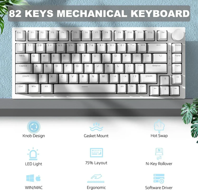 Ігрова механічна клавіатура Ajazz Ak820 / Дротове підключення / Blue Switch / White - Фото 3 Ігрова механічна клавіатура Ajazz Ak820 / Дротове підключення / Blue Switch / White - зображення 3
