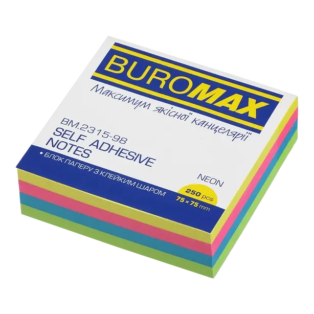 Стікер для нотаток Buromax 75х75мм 250арк неон (BM.2315-98) - Фото 1 Стікер для нотаток Buromax 75х75мм 250арк неон (BM.2315-98) - зображення 1