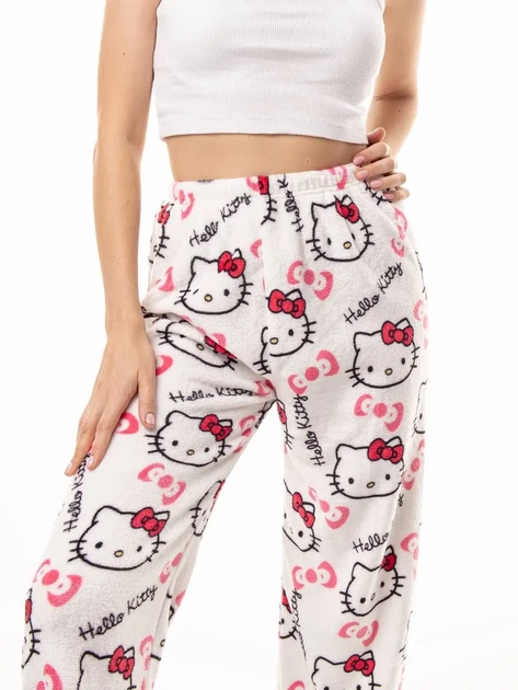 Білі плюшеві піжамні штани Hello Kitty — Пухнасті домашні брюки з принтом Хелоу Кітті, теплі жіночі штани для сну та дому в естетиці Soft Girl L - Фото 3 Білі плюшеві піжамні штани Hello Kitty — Пухнасті домашні брюки з принтом Хелоу Кітті, теплі жіночі штани для сну та дому в естетиці Soft Girl L - зображення 3