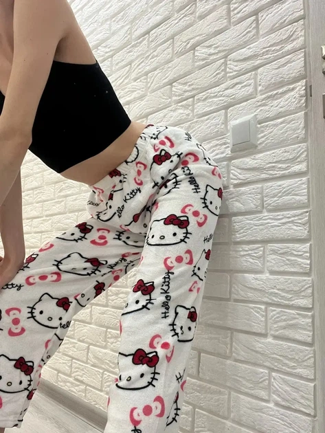 Білі плюшеві піжамні штани Hello Kitty — Пухнасті домашні брюки з принтом Хелоу Кітті, теплі жіночі штани для сну та дому в естетиці Soft Girl L - Фото 5 Білі плюшеві піжамні штани Hello Kitty — Пухнасті домашні брюки з принтом Хелоу Кітті, теплі жіночі штани для сну та дому в естетиці Soft Girl L - зображення 5