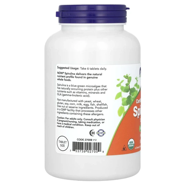 NOW Foods, спіруліна, сертифікований органічний продукт, 500 таблеток (NOW-02700) - изображение 3