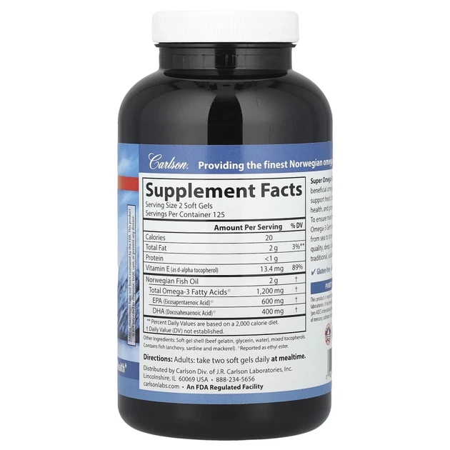 Омега-3 кислоти з риби Carlson (Super Omega-3 Gems®) 250 капсул (CAR-01522) - изображение 2