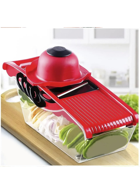 Овочерізка ручна Mandoline Slicer на 1.5 л 6в1 для овочів і фруктів з контейнером слайсер терка міні комбайн Червона - Фото 5 Овочерізка ручна Mandoline Slicer на 1.5 л 6в1 для овочів і фруктів з контейнером слайсер терка міні комбайн Червона - зображення 5