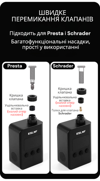 Насос для велосипеда ESLNF ES-131 електричний акумуляторний 150 PSI міні велонасос портативний з автовідключенням цифровим дисплеєм Type-C Presta / Schrader для велосипеда м’ячів і підкачування мотошин - зображення 4