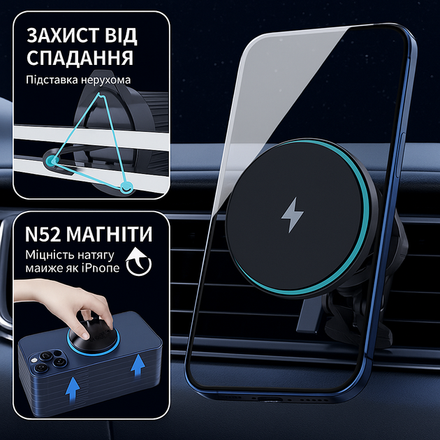 Автодержатель с беспроводной зарядкой и мощным магнитом - Фото 6 Автодержатель с беспроводной зарядкой и мощным магнитом - изображение 6