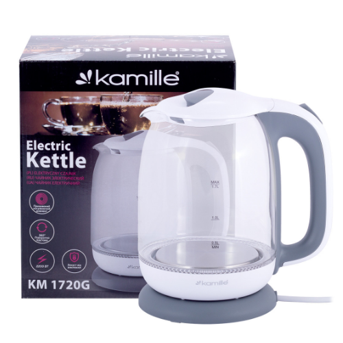 Електрочайник 1,7л 1850-2200W пластик (диск) білий/сірий 1720G KAMILLE - зображення 7