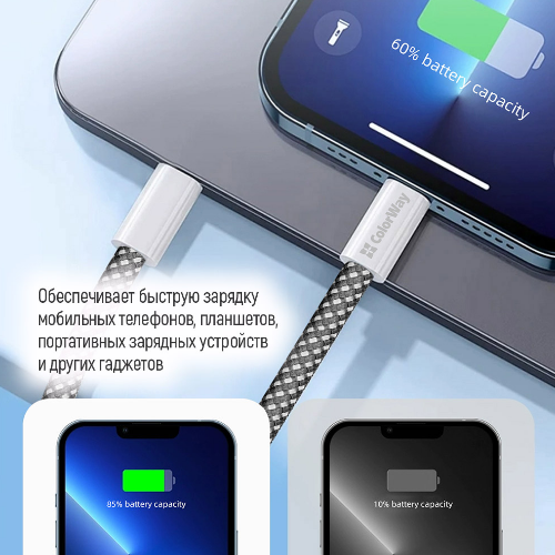 Кабель USB PD Type-C/Type-C ColorWay CW-CBPDCC068-BK 3,0A 60W 2м чорний - Фото 5 Кабель USB PD Type-C/Type-C ColorWay CW-CBPDCC068-BK 3,0A 60W 2м чорний - зображення 5