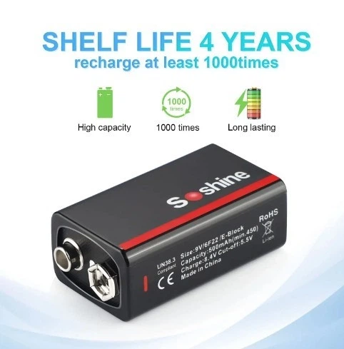 Акумулятор крона 6F22 Soshine 9V 500 mAh з Type-C зарядкою / Батарейка акумуляторна - зображення 3