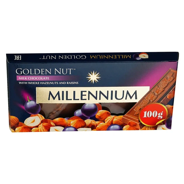 Шоколад молочний Millennium Gold з цілими лісовими горіхами та родзинками 100 г - Фото 2 Шоколад молочний Millennium Gold з цілими лісовими горіхами та родзинками 100 г - изображение 2